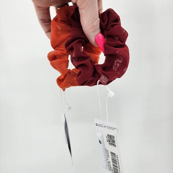 NWT Lululemon uplifting scrunchies 2 pack orange red maroon logo mesh sold out - Picture 4 of 6